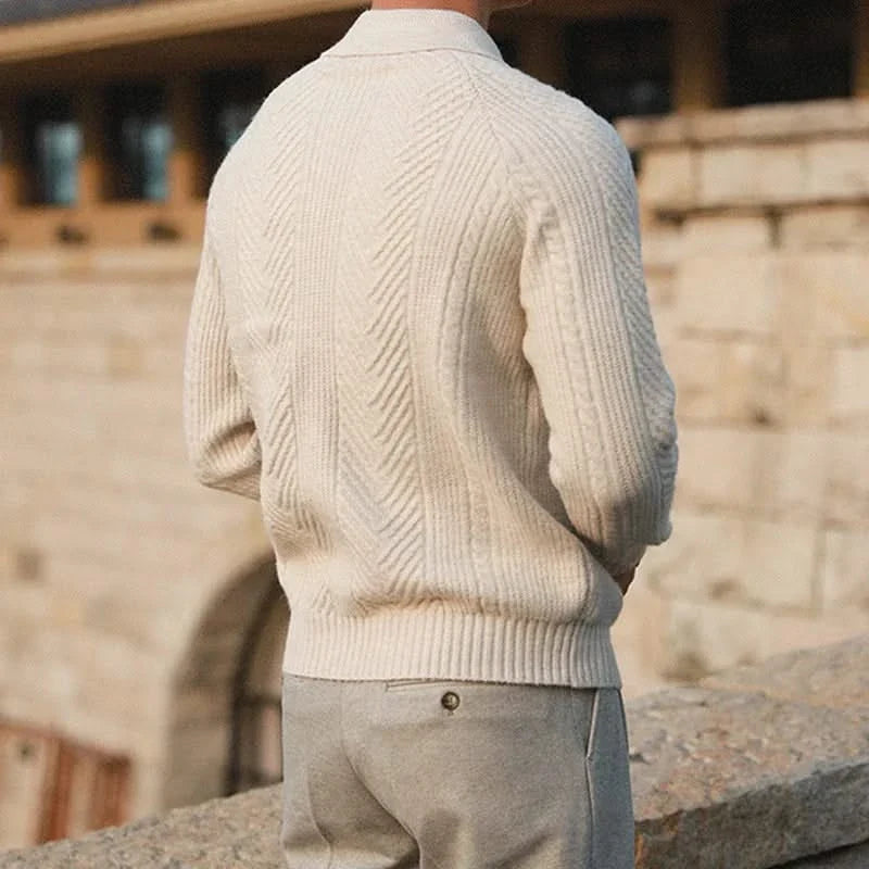 Men's cable knit polo sweater with long sleeves