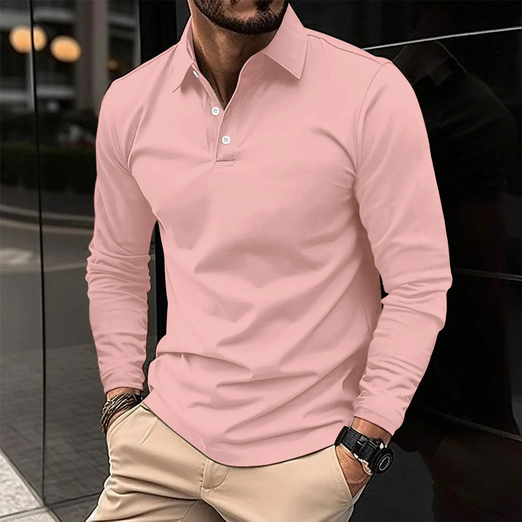 Men's long sleeve polo shirt with collar and button placket