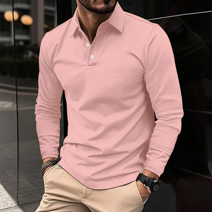 Men's long sleeve polo shirt with collar and button placket