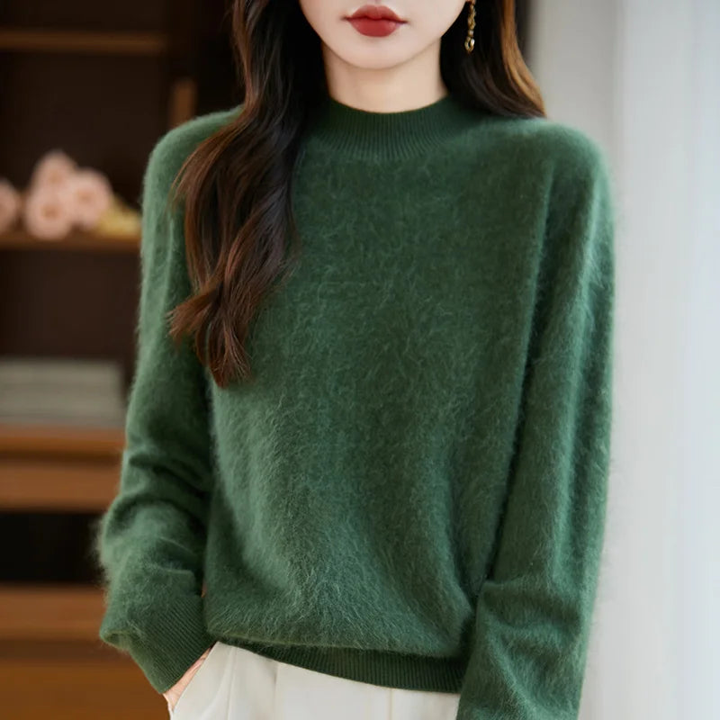 Women's fuzzy crew neck sweater with long sleeves