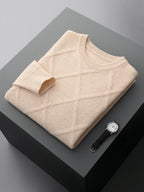 Long-sleeve diamond pattern crew neck sweater with ribbed trims