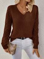 Women's V-neck sweater with open-knit textured sleeves
