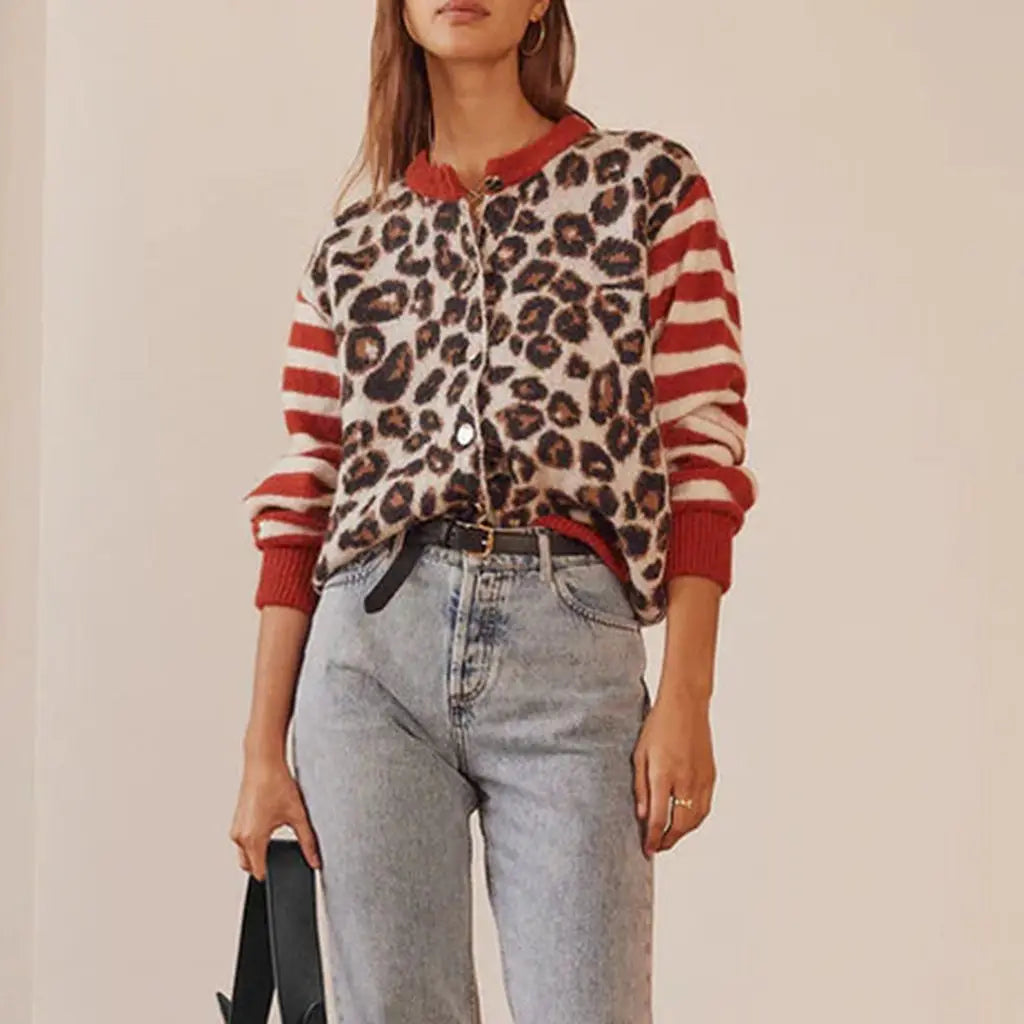Women's leopard pattern cardigan with long sleeves and button front