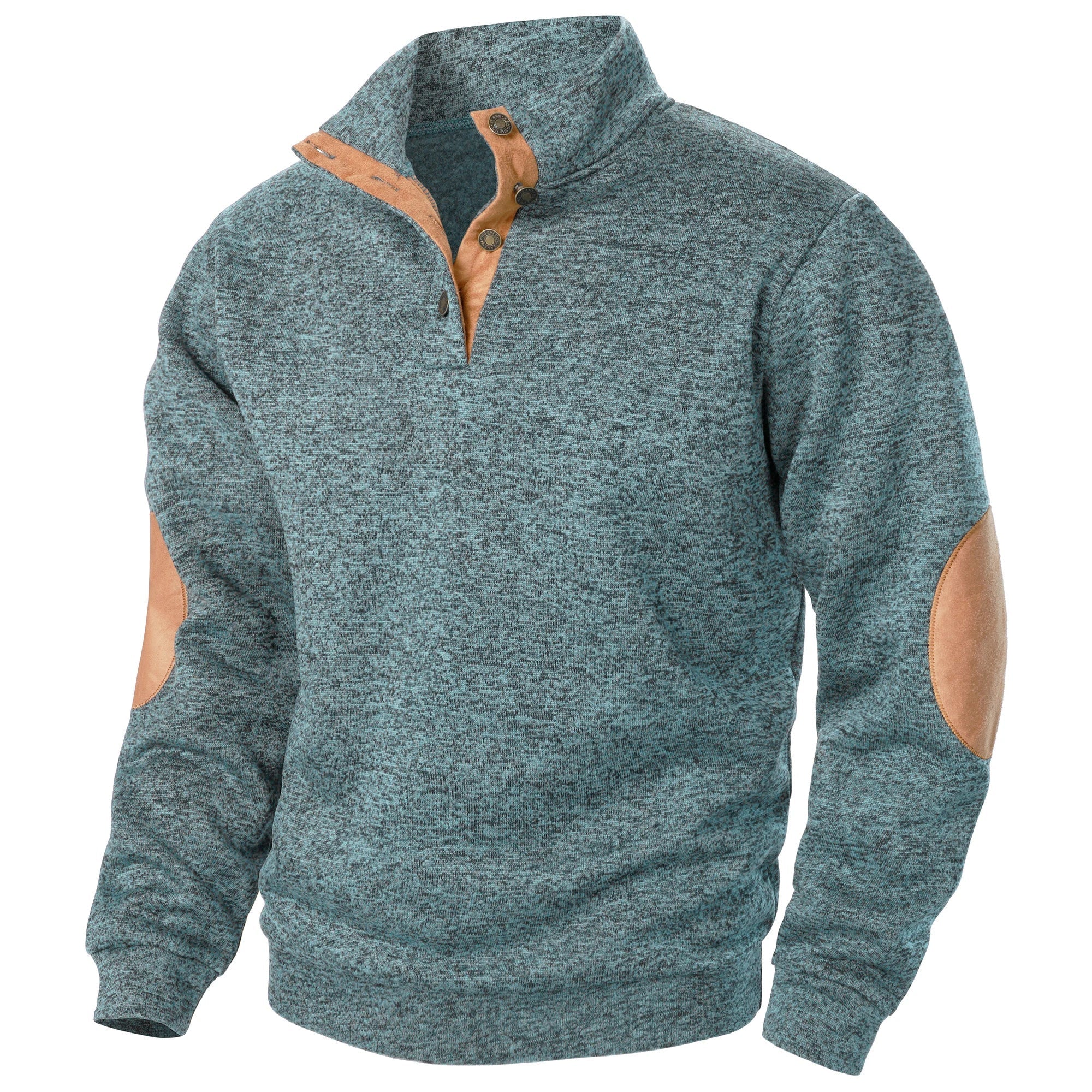 Men's textured mock neck sweater with contrast elbow patches