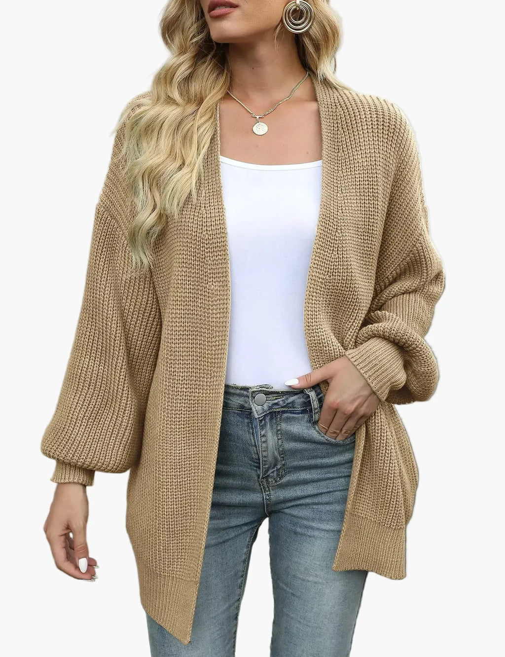 Women's oversized open front knit cardigan with long sleeves