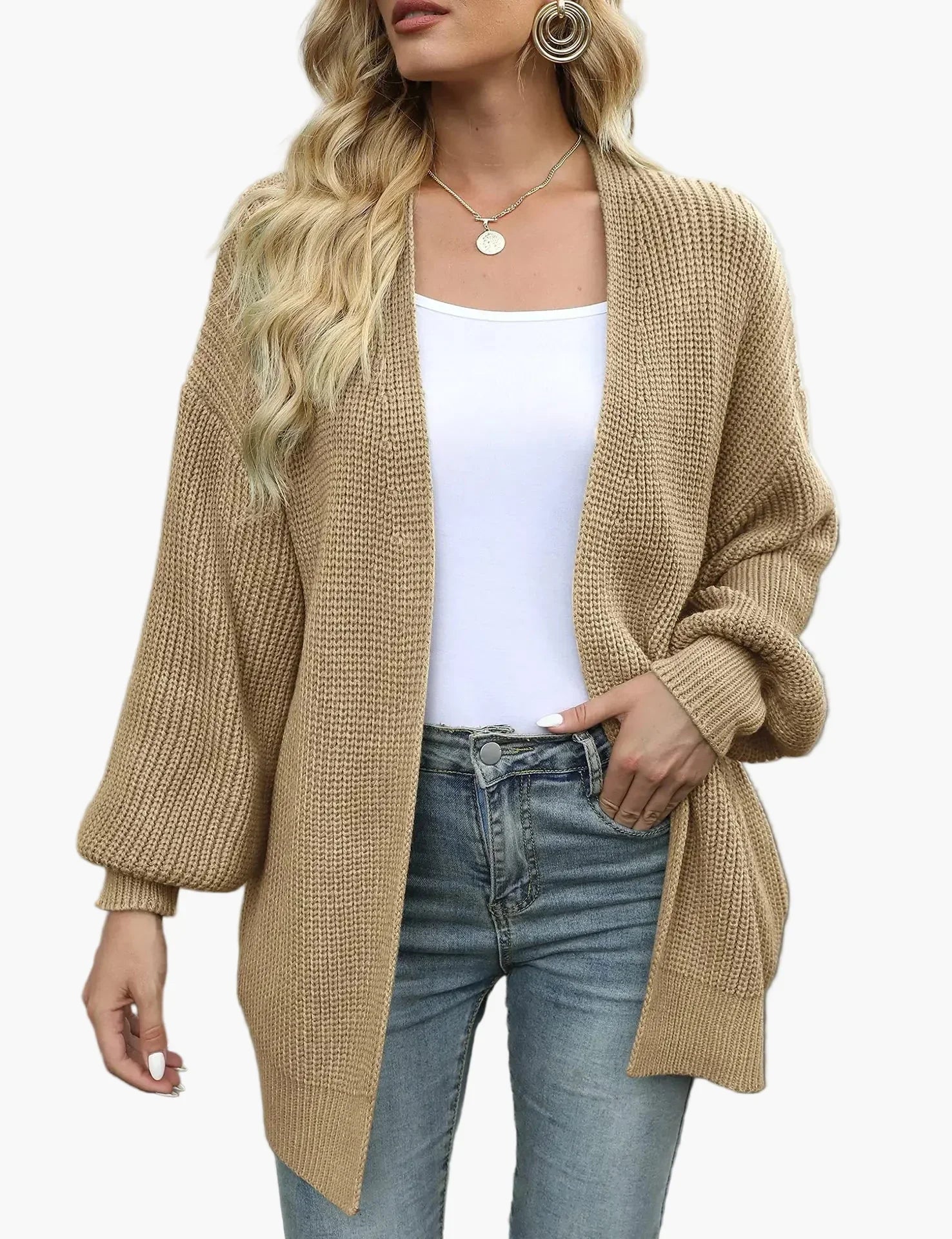 Women's oversized open front knit cardigan with long sleeves