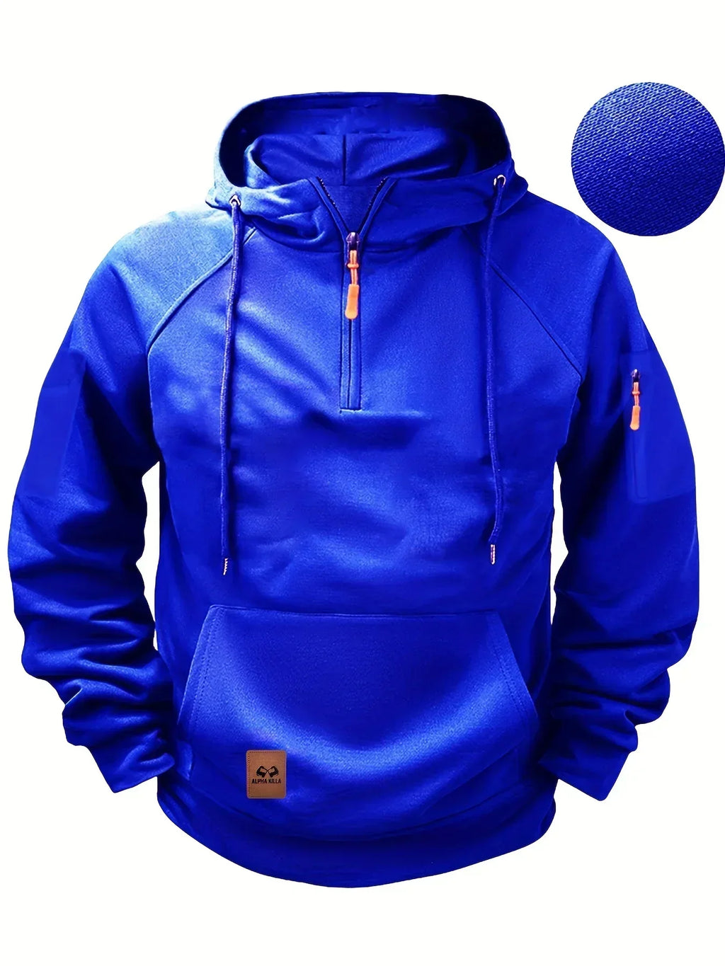 Men's solid hooded zip hoodie with drawstrings, long sleeves and front pouch pocket
