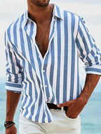 Men's vertical striped shirt with collar and rolled long sleeves