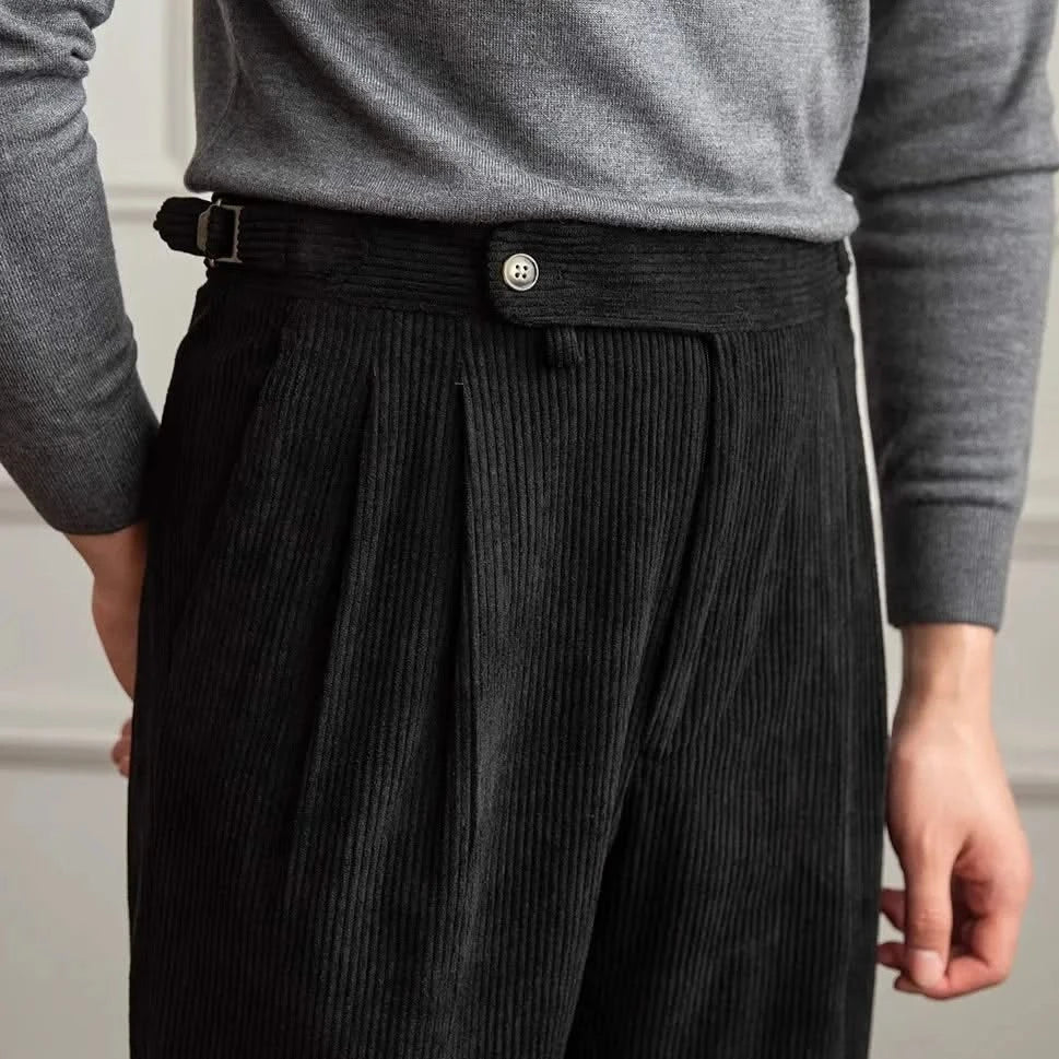 Women's pleated wide-leg corduroy trousers with high waist