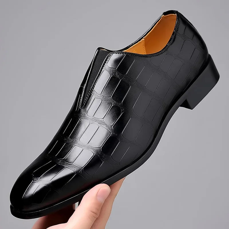 Men's glossy crocodile-effect slip-on loafers with a rounded toe and low block heel