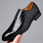 Men's glossy crocodile-effect slip-on loafers with a rounded toe and low block heel