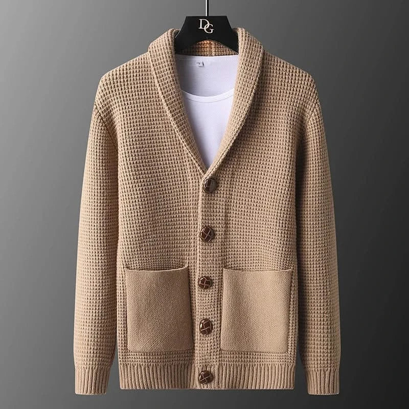 Textured knitted cardigan with shawl collar, buttons and patch pockets