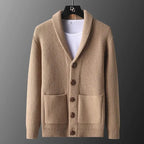 Textured knitted cardigan with shawl collar, buttons and patch pockets