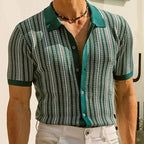 Men's short-sleeve knitted polo shirt with vertical stripes and button front