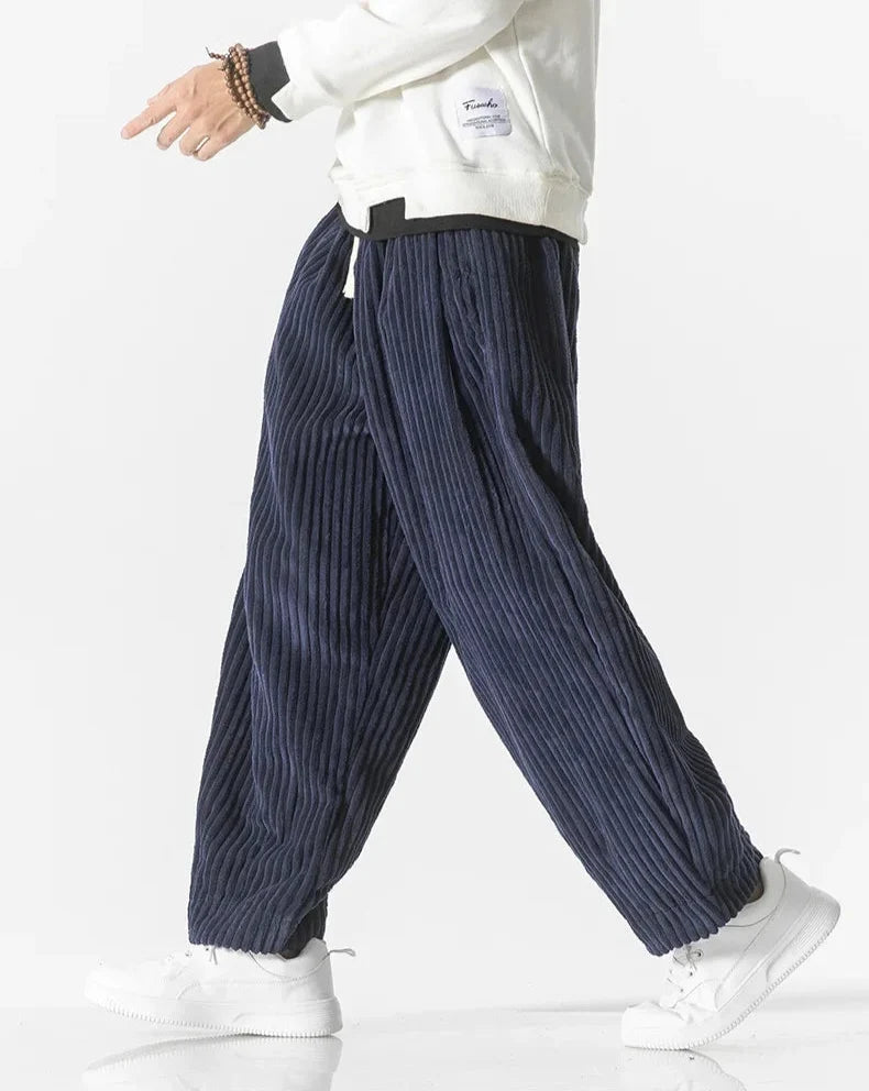 Men's wide-leg ribbed corduroy trousers with drawstring waist
