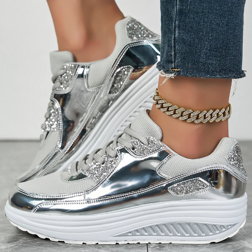 Metallic lace-up sneakers with sequined panels and platform soles