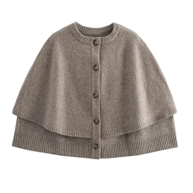 Women's grey knitted cape cardigan with buttons and ribbed trim