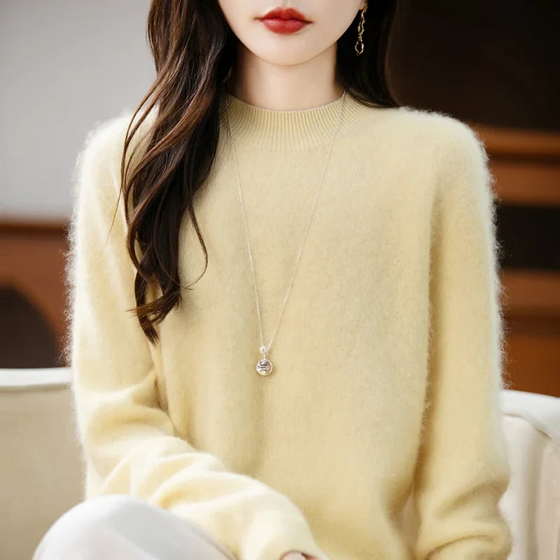Women's fuzzy crew neck sweater with long sleeves