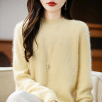 Women's fuzzy crew neck sweater with long sleeves