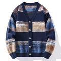 Striped men's V-neck cardigan with button front and long sleeves