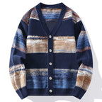 Striped men's V-neck cardigan with button front and long sleeves