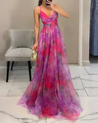Women's abstract maxi dress with V-neckline and spaghetti straps