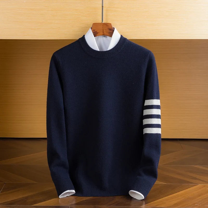Men's crew neck sweater with contrasting striped sleeve detail