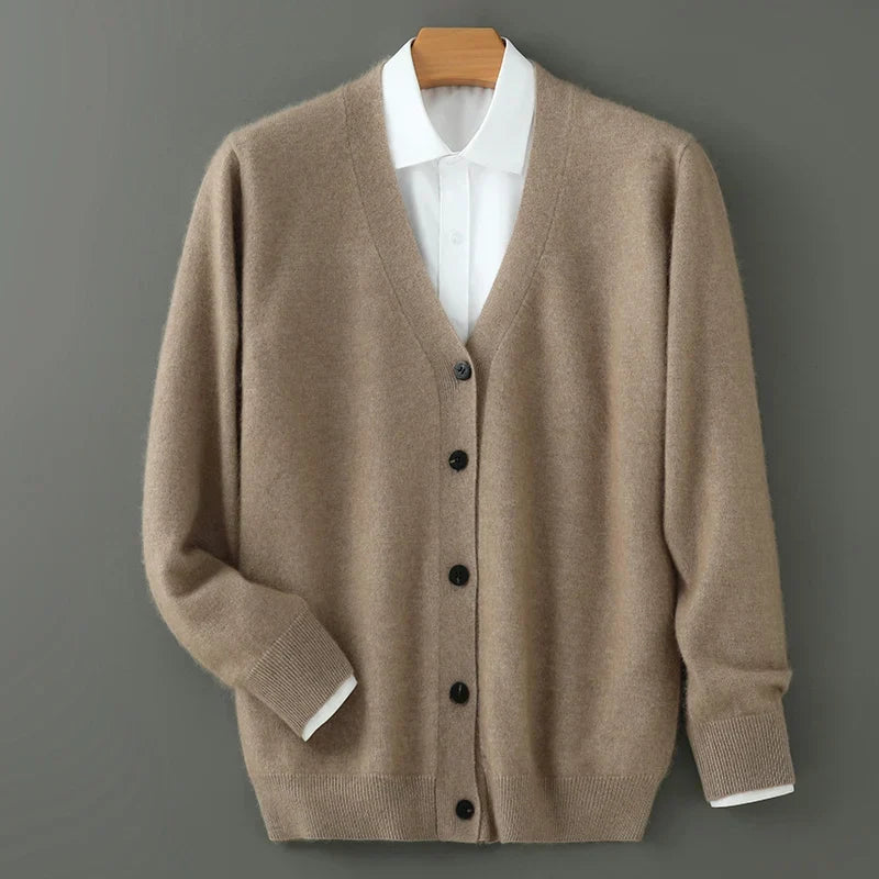 Men's V-neck button cardigan with long sleeves and ribbed trims