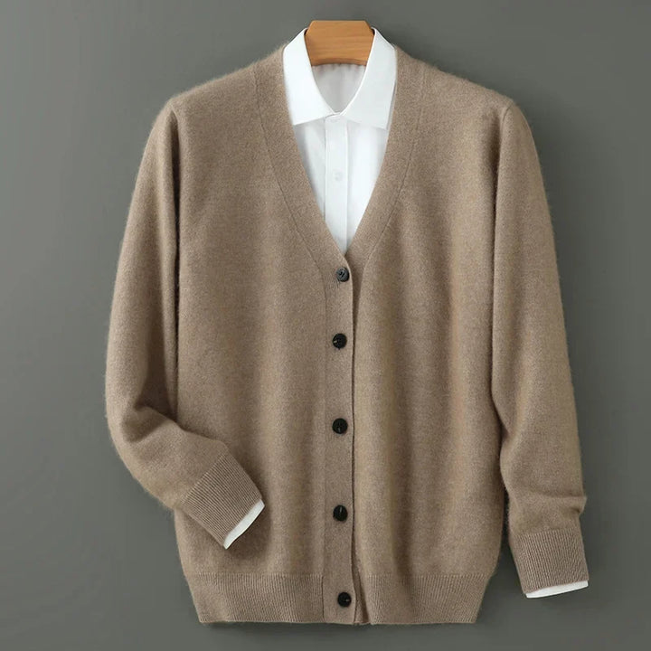Men's V-neck button cardigan with long sleeves and ribbed trims