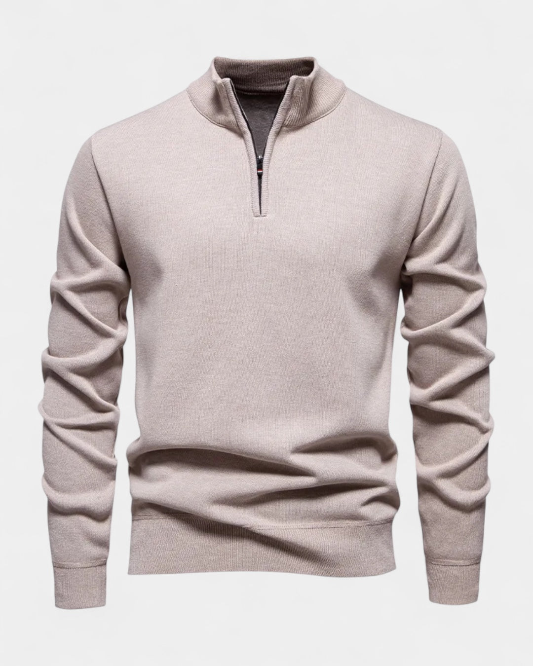 Men's long-sleeve quarter-zip jumper with ribbed mock neck and cuffs