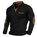 Men's black mock neck sweatshirt with button placket, chest pocket and contrast elbow patches