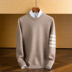 Men's crew neck sweater with contrasting striped sleeve detail