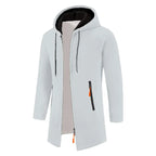 Men's long textured hooded jacket with full zip fastening and zipped pockets