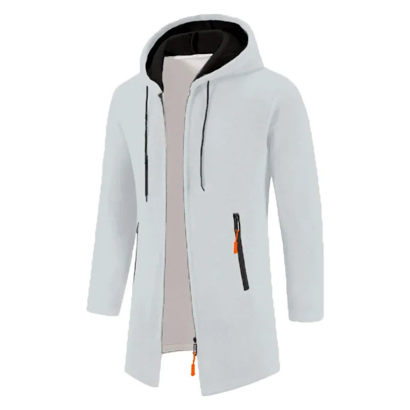 Men's long textured hooded jacket with full zip fastening and zipped pockets