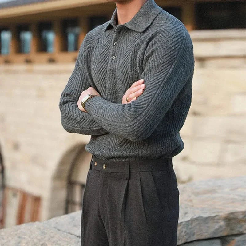 Men's cable knit polo sweater with long sleeves