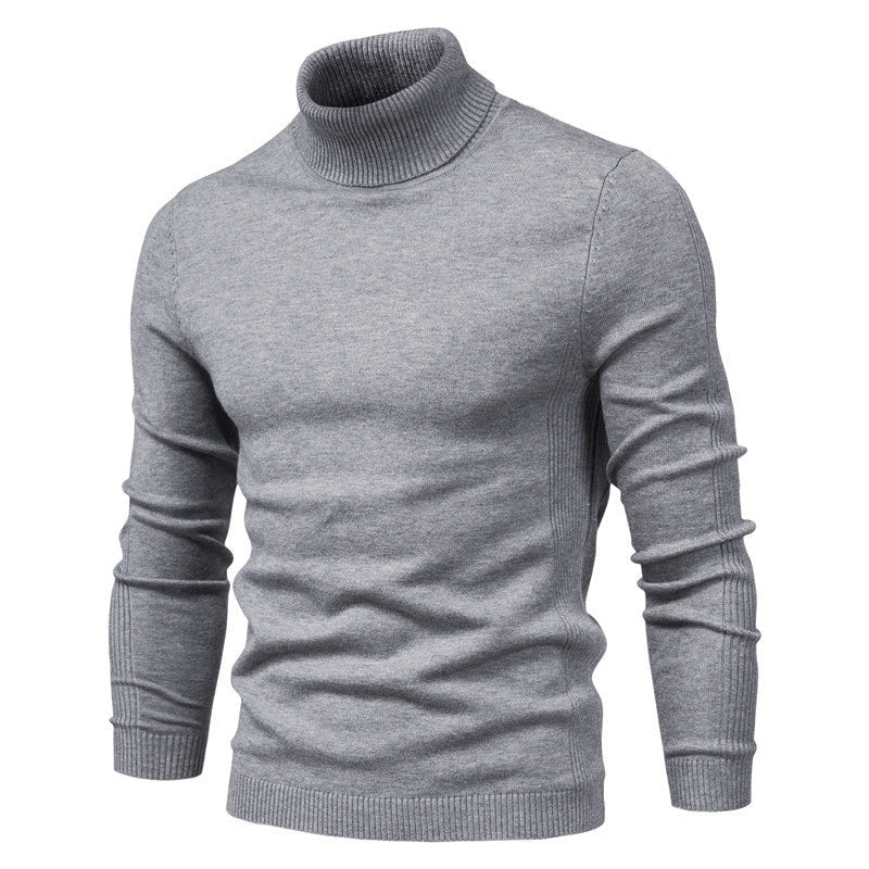 Men's long-sleeve turtleneck sweater with ribbed collar, cuffs and hem