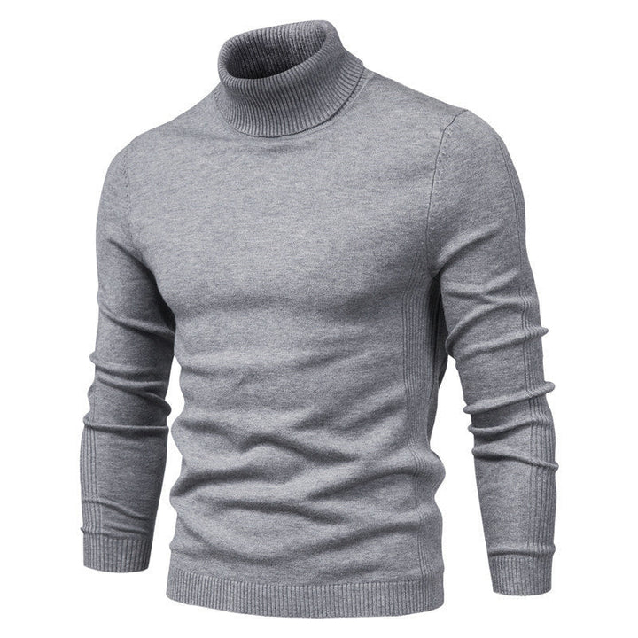 Men's long-sleeve turtleneck sweater with ribbed collar, cuffs and hem