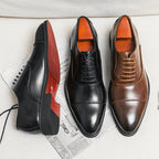 Men's cap toe Oxford shoes with lace-up front and low heel