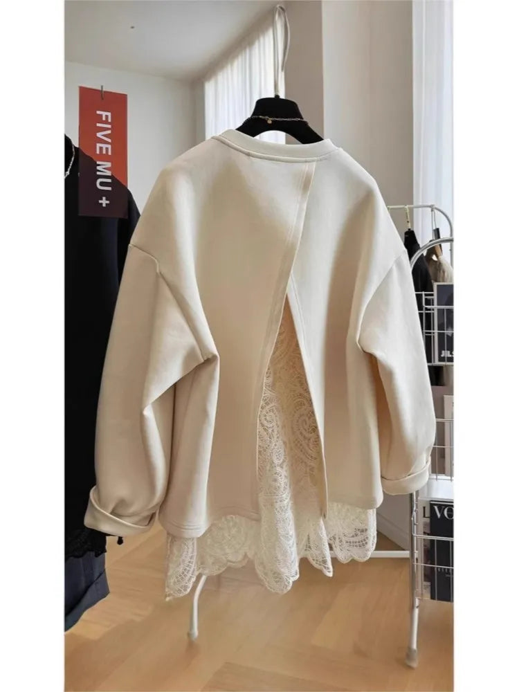 Women's crew-neck sweatshirt with open back and scalloped lace hem
