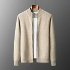 Men's long-sleeve zip-up cardigan with ribbed mock neck and trims