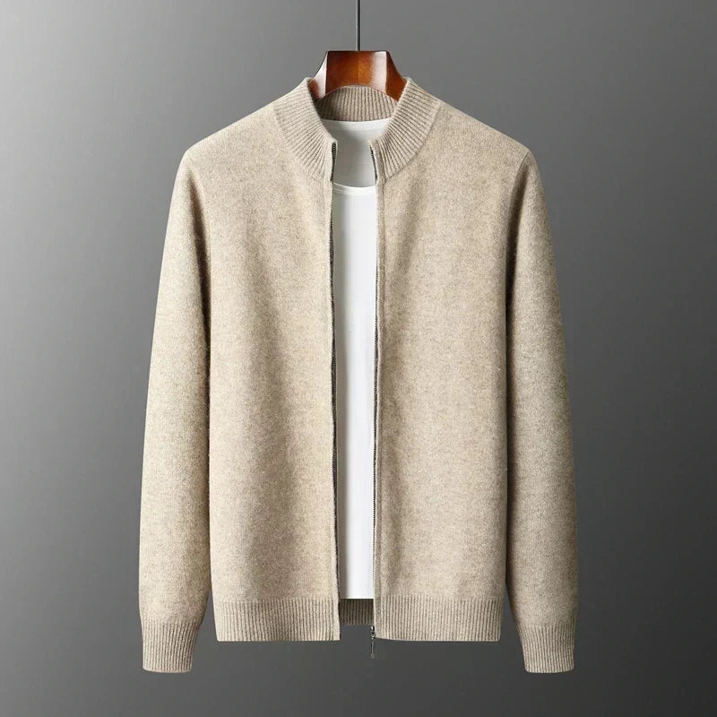 Men's long-sleeve zip-up cardigan with ribbed mock neck and trims