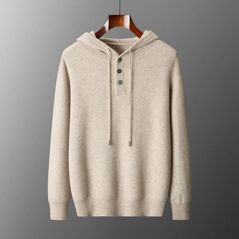 Men's plain knitted hoodie with drawstring hood and button placket