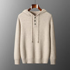 Men's plain knitted hoodie with drawstring hood and button placket