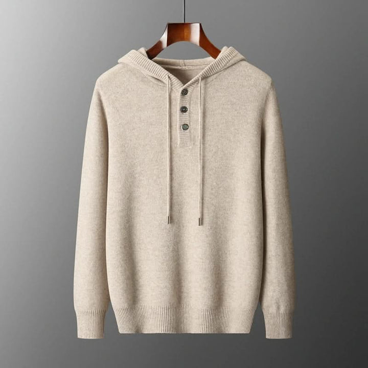 Men's plain knitted hoodie with drawstring hood and button placket