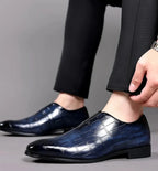 Men's glossy crocodile-effect slip-on loafers with a rounded toe and low block heel