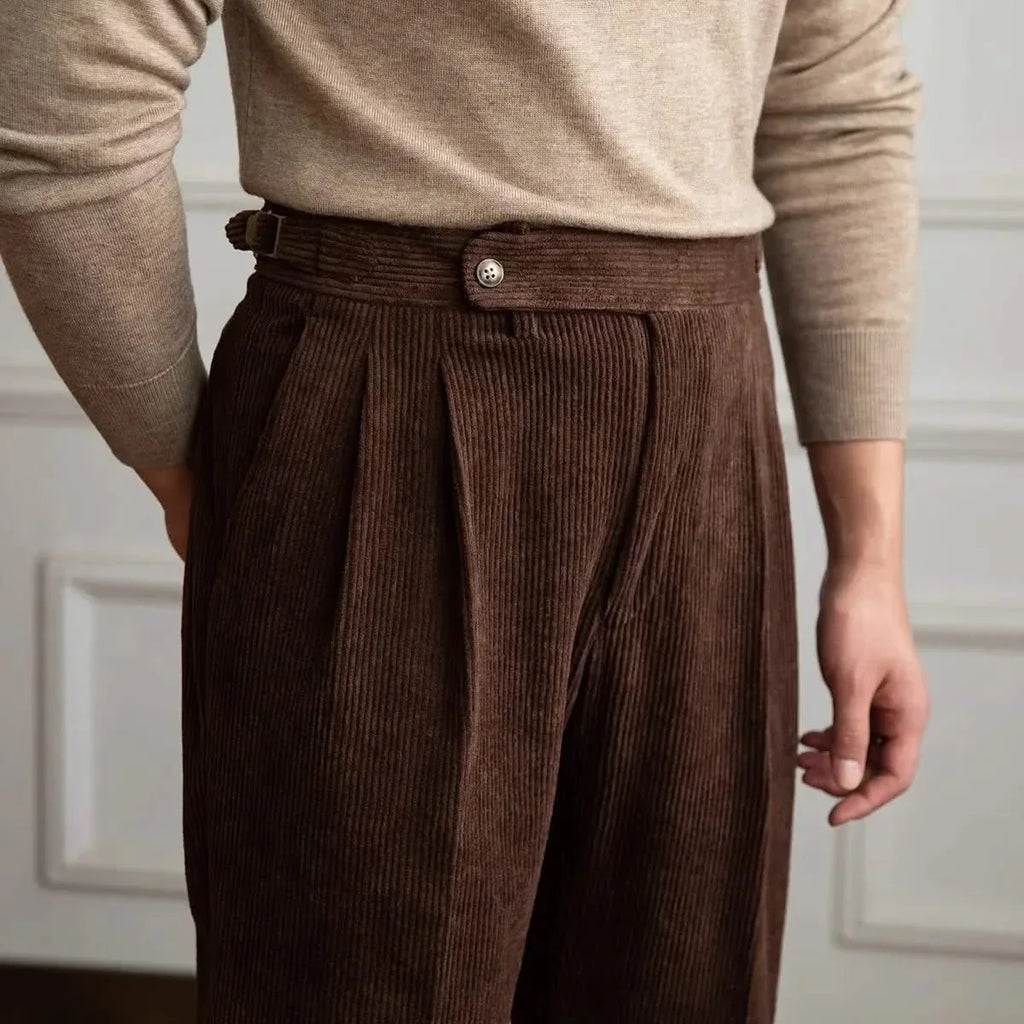 Women's pleated wide-leg corduroy trousers with high waist