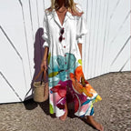 Women's multicolor floral V-neck maxi dress with three-quarter sleeves
