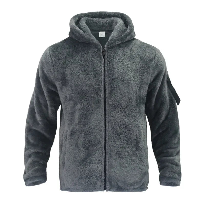 Men's textured hooded zip jacket with long sleeves and sleeve pocket