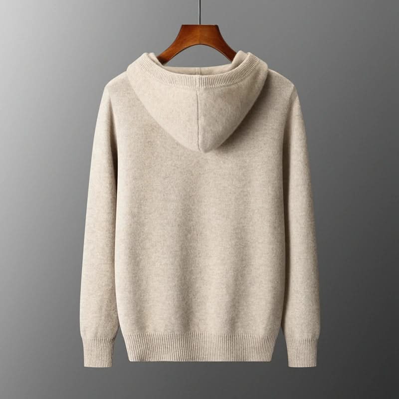 Men's plain knitted hoodie with drawstring hood and button placket