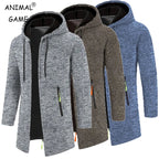 Men's long textured hooded jacket with full zip fastening and zipped pockets